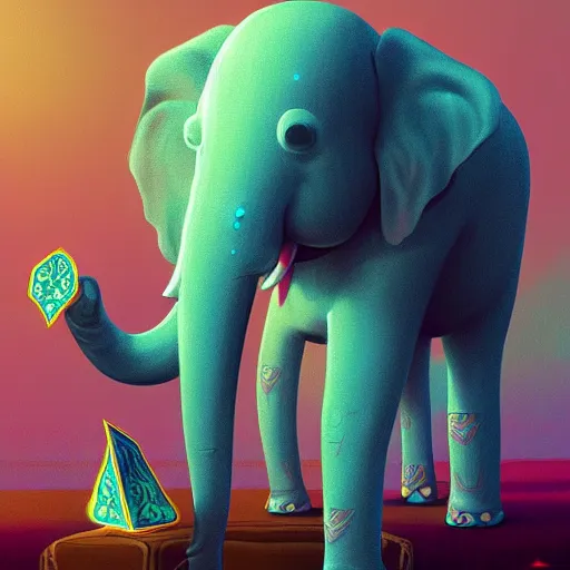 Image similar to A clairvoyant elephant reading tarot cards, detailed, digital art, by beeple