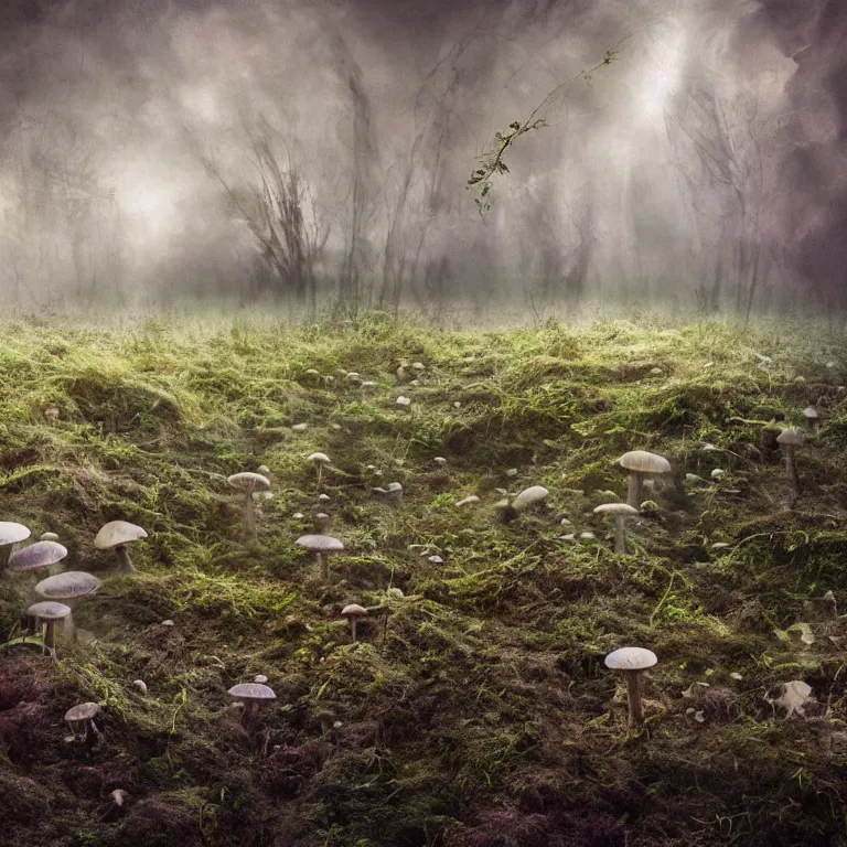 Image similar to a planet of various fungus, mushrooms and plants, inside the picture is infinity, Atmospheric phenomenon, artistic photography, muted colors, conceptual, long exposure outside the city, volumetric light