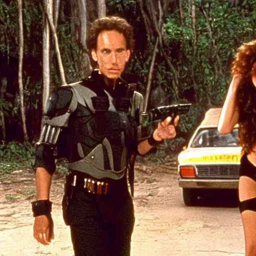 Prompt: a still of from the movie jungle 2 jungle crossover with the movie robocop