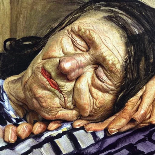 Prompt: Oil painting Portrait of a old Woman sleeping, by Lucian Freud, Abstract brush strokes, Masterpiece