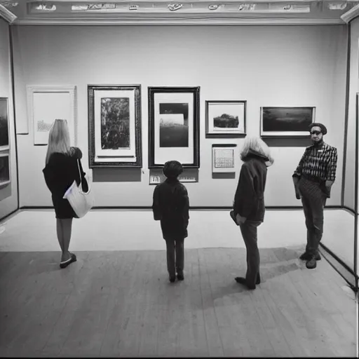 Image similar to wide - shot low - angle photo of visitors in museum looking at abstract paintings, 9 0 - s, polaroid photo