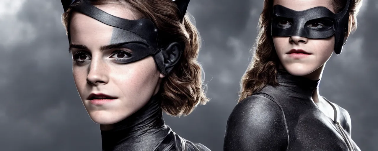 Image similar to Emma Watson as catwoman, 8k wallpaper, XF IQ4, 50mm, F1.4, studio lighting, professional, 8K, Look at all that detail!, Dolby Vision, UHD