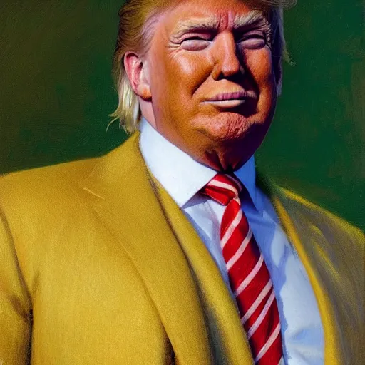 Image similar to detailed portrait of donald trump in yellow suit, spring light, painting by gaston bussiere, craig mullins, j. c. leyendecker