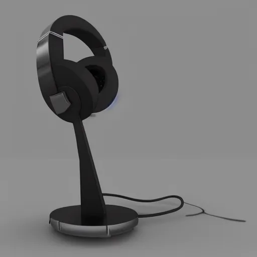 Image similar to headphone stand, futuristic, techno, cyberpunk, product design, 3 d render, concept, fun, swag