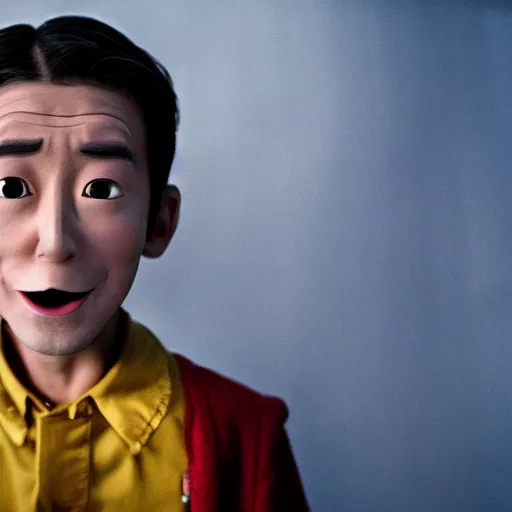 Image similar to an award winning cinematic still of surprised Justin Sun as Pinocchio with gigantic extremely long wooden nose, 16k hyper realistic photograph, close-up professional portrait, centered, dramatic lighting