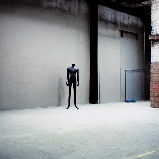 Prompt: empty warehouse room with a lone mannequin cinestill 8 0's film