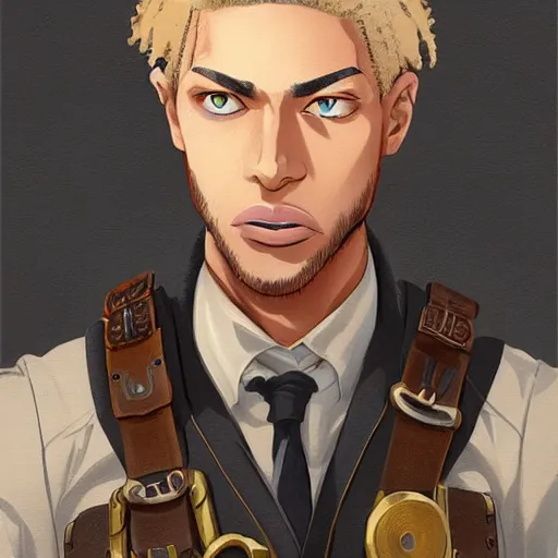 Image similar to african american man with blue eyes, blonde hair, wearing steampunk attire, highly detailed, digital painting, artstation, matte, by makoto shinkai, animation style