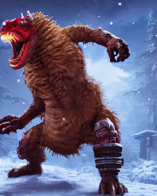 Prompt: theodore rex in the world of Diablo, battling demons, winter, blizzard