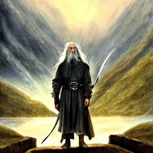 Image similar to beautiful gandalf with a sword in his hand on a bridge fighting the balrog, by alan lee, lord of the rings, smooth, detailed terrain, oil painting, matte painting, concept art, trending on artstation