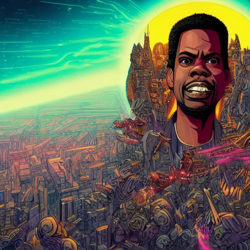 Image similar to the second coming of chris rock, by dan mumford and ross tran, cosmic, terrifying, demon rays, intricate detail, cinematic, 8 k, cel shaded, unreal engine, featured on artstation, pixiv