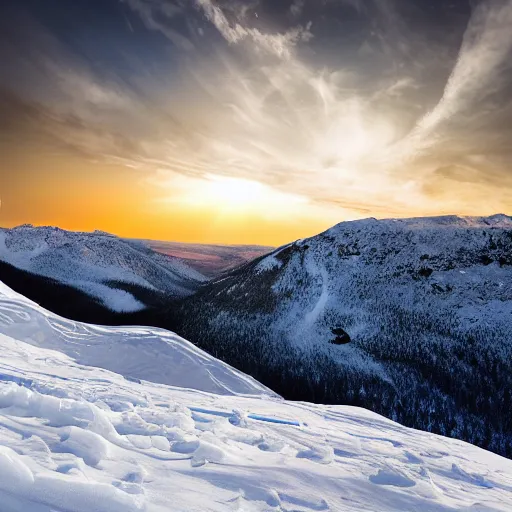 Image similar to white jeep wrangler driving up steep snowy mountain ridge on edge of a cornice, dramatic lighting, cinematic, photo realism