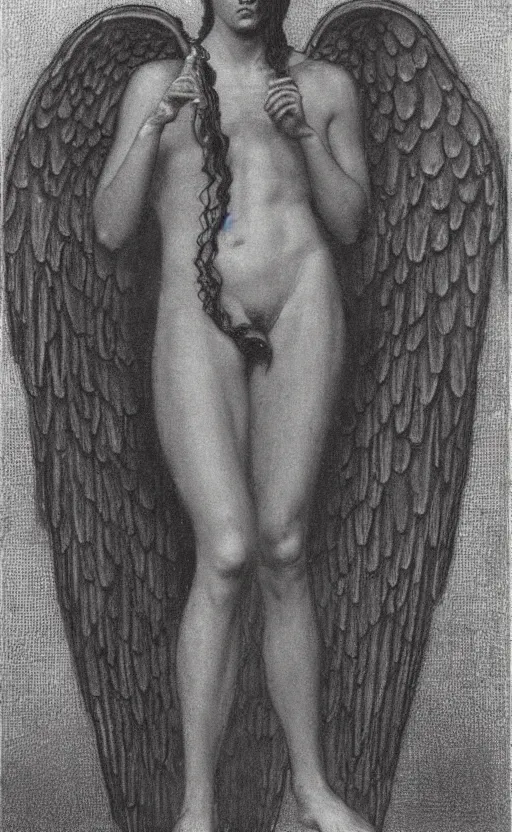 Image similar to Say who is this with black hair so dark and thin? beautiful lone single Male!! angel, Hades Death, in the style of Jean Delville,black glowing cloak, Fernand Keller, Fernand Khnopff, oil on canvas, 1896, 4K resolution, aesthetic, mystery