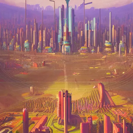 Prompt: A cyberpunk city in utopia by Simon Stålenhag In style of Grant Wood.hyper detailed,8K Resolution.oil on canvas