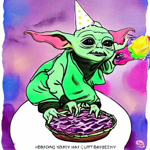 Image similar to (baby yoda grogu) smashing birthday cake into his face, happy birthday, happy birthday candles, mischievous, inquisitive, devious, hilarious, funny, birthday wrapped PRESENTS, artwork by Erin Hanson