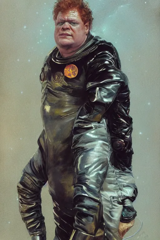 Image similar to portrait of willem defoe as baron harkonnen wearing leather spacesuit, nebula space background with spaceship, illustration by normal rockwell, artstation character art, john berkey, concept art, greg rutkowski