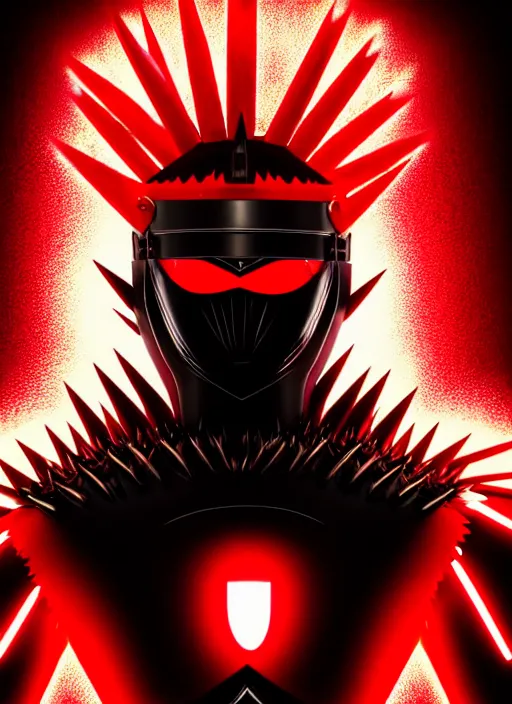 Image similar to a striking cinematic full body manga portrait of a long black haired masked male teenager wearing imposing red jagged spiked plate armour and glowing with raging powerful red energy by hirohiko araki and beeple, fine details, digital art, character concept art, volumetric lighting, cinematic light, photorealistic