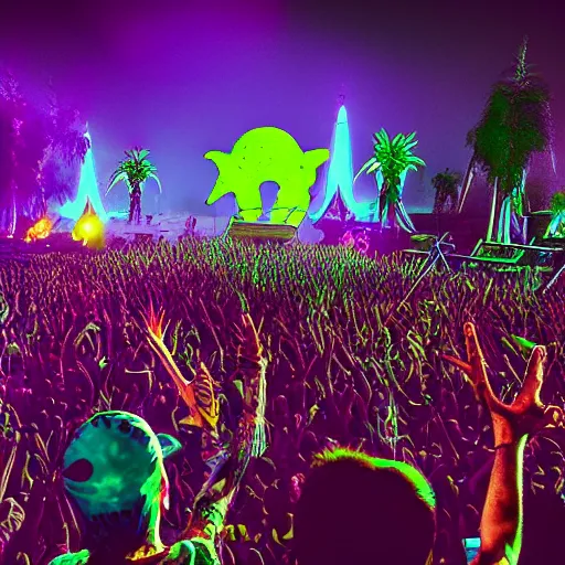 Image similar to a group of dinosaurs having a rave party at boom festival main stage, rendered in octane