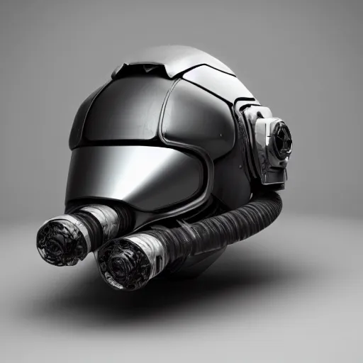 Prompt: cyberpunk helmet with side intircate hoses looking straight by Vitaly Bulgarov, hard edges, octane render, ultra high details, shiny, unreal engine, intricate details, hard surface, front view