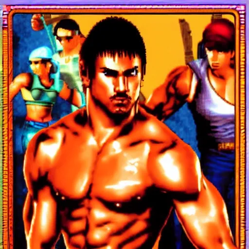 Image similar to portrait of rambo in double dragon video game splash screen