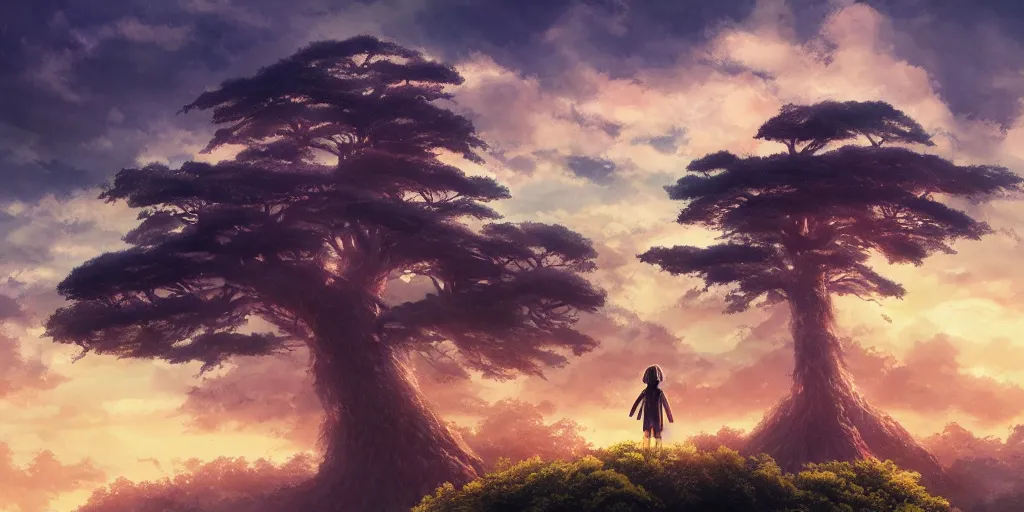 Prompt: giant monster, forest, tree tops, 4 k, artgerm, high detail, dramatic lighting, sunset, hayao miyazaki, masashi ando, nizou yamamoto, kazuo oga, joe hisaishi, yoji takeshige, naoya tanaka