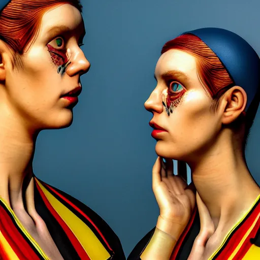 Image similar to hyperrealism aesthetic photography in caravaggio style quntum computer simulation visualisation of parallel universe cyberpunk scene with beautiful detailed ukrainian woman with detailed face wearing ukrainian traditional shirt and wearing retrofuturistic sci - fi neural interface designed by josan gonzalez. hyperrealism photo on pentax 6 7, by giorgio de chirico volumetric natural light rendered in blender