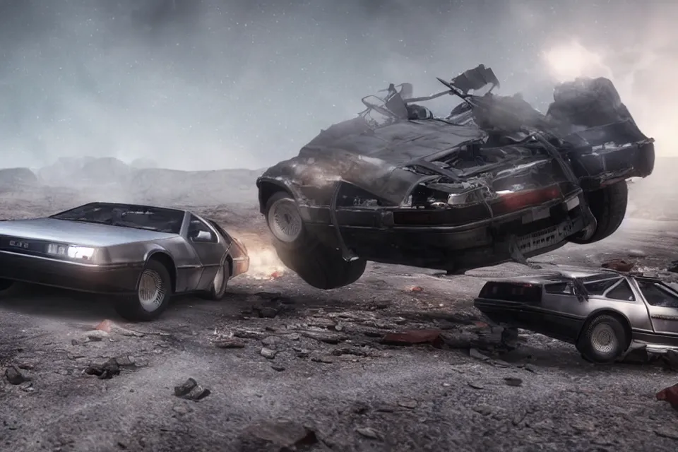 Prompt: ultra realistic delorean dmc 5 drifting on remote ancient highway wreckage in space, dark cinematic, volumetric, realistic, 3 d render, realistic render, cinematic lighting, volumetric lighting, atmospheric, cinematic, unreal engine 5, unreal engine render, octane render, hd, photorealism, hyper realistic, 8 k