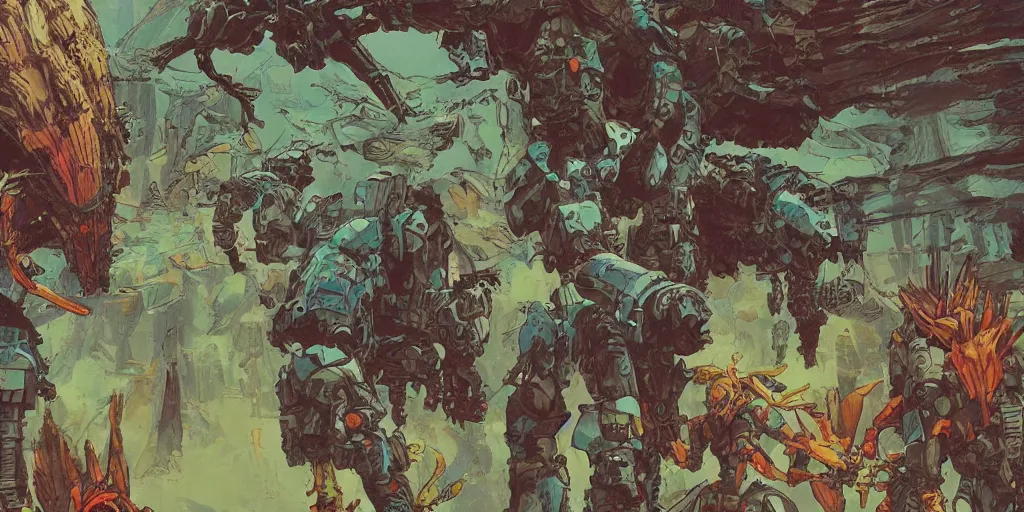 Prompt: a close - up grainy risograph, painting of a scene from horizon zero dawn + hyper light drigter, machine monsters, mechas, dense forest, by moebius and kim jung gi and satoshi kon