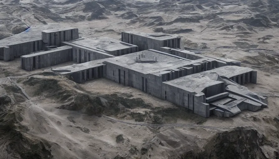 Prompt: big brutalist imperial military base on cliffs, drawing architecture, cinematic shot by greig fraser, very long shot, top angle, imperial architecture in rogue one, pritzker architecture prize, brutalism architecture, jan urschel