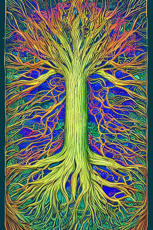 Image similar to a color digital art drawing of a tree with its roots in the water, an illustration of by edgar schofield baum, haeckel and alasdair gray, mushroom ayahuasca iboga art, featured on deviantart, iridescent, ecological art, photoillustration, fractalism, storybook illustration