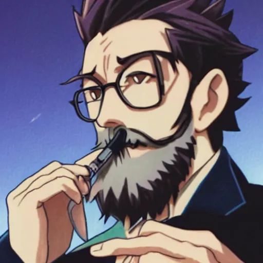 Image similar to rare photo of gendo ikari smoking a joint