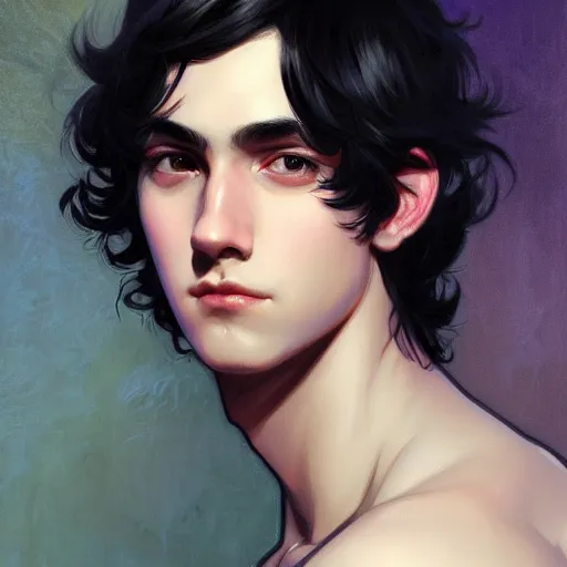 Prompt: teen boy, black hair, purple eyes, highly detailed, artstation, georgeus, elegant, portrait, by artgerm and greg rutkowski and alphonse mucha