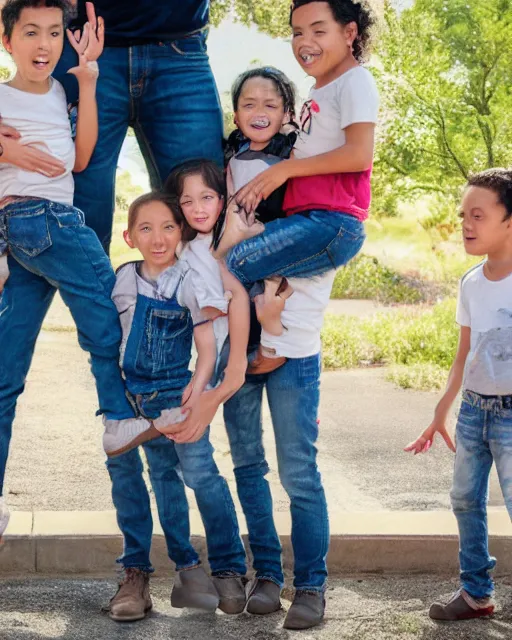 Image similar to a man with five children protecting his pair of jeans and screaming