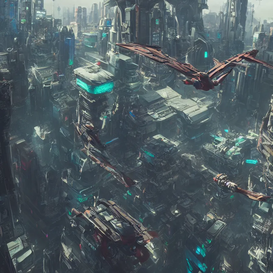 Image similar to hyperrealistic matte painting of futuristic robot quetzalcoatl, flying above a cyberpunk future environment by eddie mendoza, beeple, 4 k, trending on cgsociety