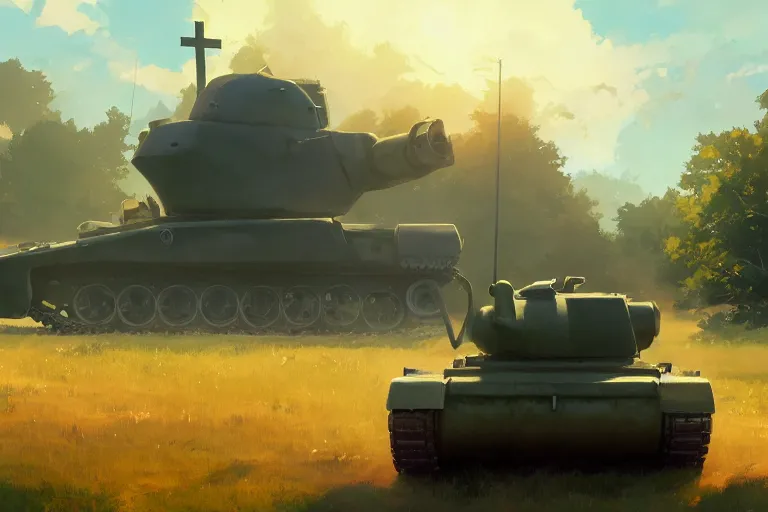 Prompt: a tank mixed with a church, scene in an open field. key visual, conceptart, ambient lighting, highly detailed, digital painting, artstation, concept art, sharp focus, by makoto shinkai and akihiko yoshida and greg manchess