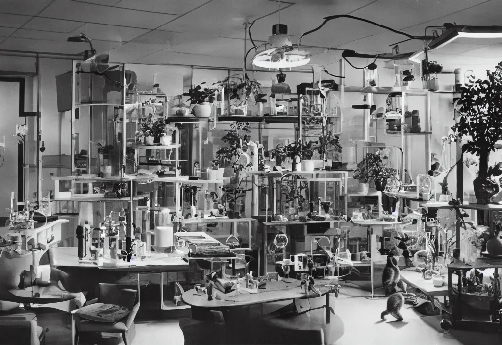 Image similar to 1970s interior magazine photo of a science lab with glowing lava lamps, at dusk, with kittens and scientists in lab coats, wooden walls with framed art, and a potted cactus and some hanging plants, with dappled light coming in through a circular window