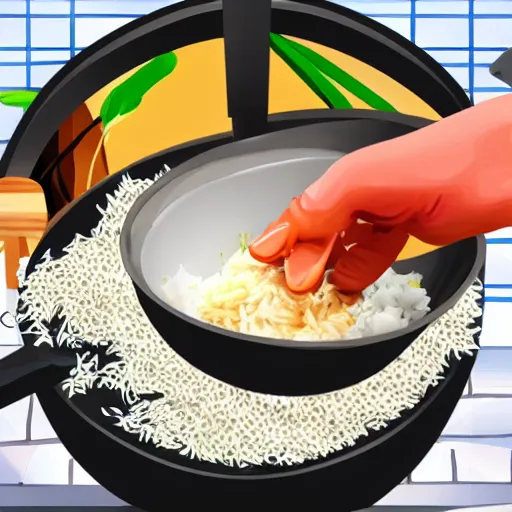 Prompt: A shrimp chef cooking rice in a pan, digital art