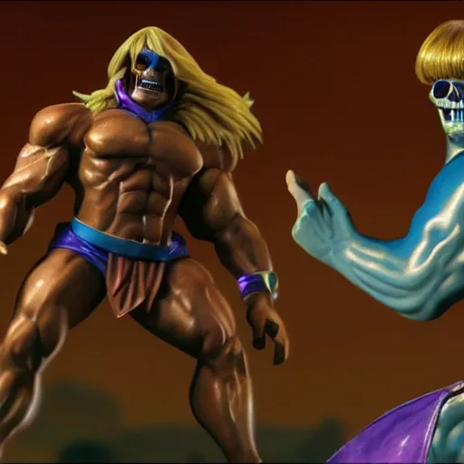 Image similar to He Man dancing with Skeletor, cinematic lighting, photorealistic