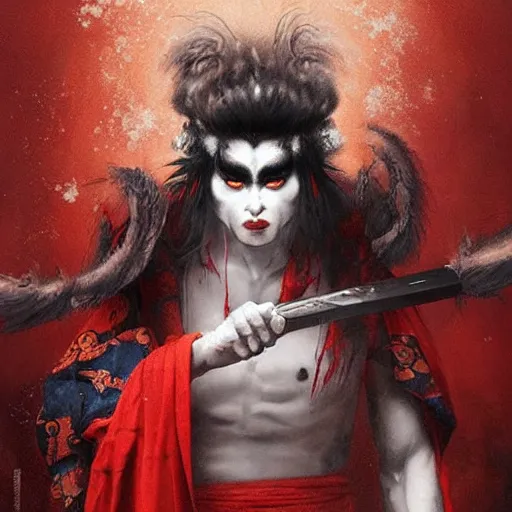 Image similar to an epic portrait of insane kabuki male wielding a spear and doing the nirami covered in a magical mist of insanity, intricate hakama, poofy red wig, eerie, highly detailed, dark fantasy, art by artgerm and greg rutkowski