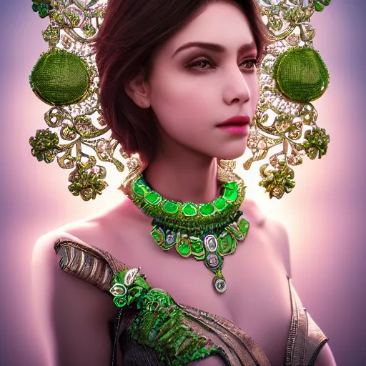 Prompt: photograph of wonderful princess with smooth fair skin, alluring eyes, green jewelry, breathtaking, elegant, ornate, intricate, hyper detailed, accent lighting, dramatic light, 4 k octane render