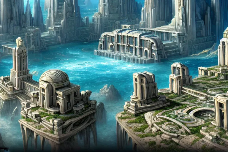 Image similar to a beautiful complex insanely detailed matte painting of the futuristic ancient city of Atlantis by Heironymous Bosch!!!!!!!, by James Gurney and Tyler Edlin, 4k, trending on artstation, aerial view