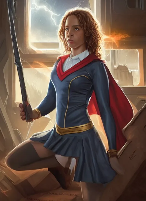 Image similar to Hermione Granger as Super Girl, taking a rest in futuristic bedroom, a ruggedly muscled handsome heroine, intricate, elegant, highly detailed, centered, digital painting, artstation, concept art, smooth, sharp focus, illustration, artgerm, donato giancola, Joseph Christian Leyendecker, WLOP, Artgerm, thunder storm