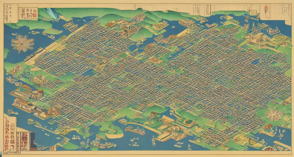 Image similar to 3 d isometric information map of a city island. time series charts, pie plots and other modern graphics. diego rivera ( ukiyo - e influence ). botanical illustration. hyperdetailed.