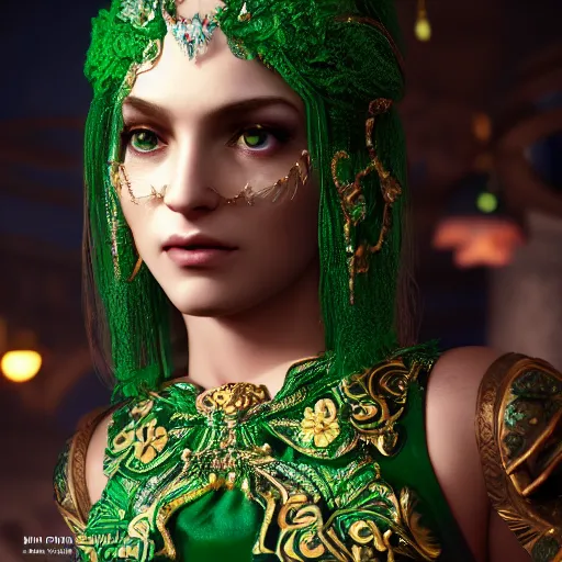 Image similar to photograph of wonderful princess with smooth fair skin, green jewelry, breathtaking, elegant, ornate, intricate, hyper detailed, accent lighting, dramatic light, 4 k octane render