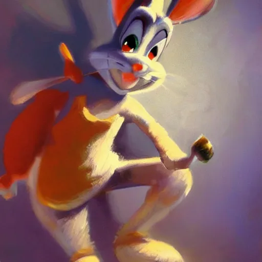 Image similar to a beautiful, soulful oil painting of bugs bunny by craig mullins