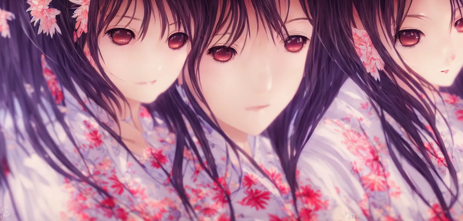 Prompt: portrait three beautiful anime girls wear coctail kimono closeup | | sunny night, full moon, dreamlike art, realistic shaded, smile, good looking, hyper details, 4 k realistic, cryengine, realistic shaded lighting poster by artgerm, ross tran, fuji choko, 8 k resolution, trending on artstation, luxury