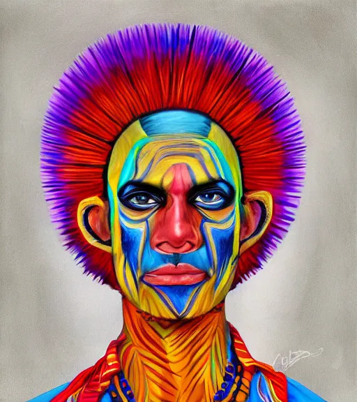 Image similar to Portrait painting in a style of Alex Grey of a shaman dressed in a colorful traditional clothes.