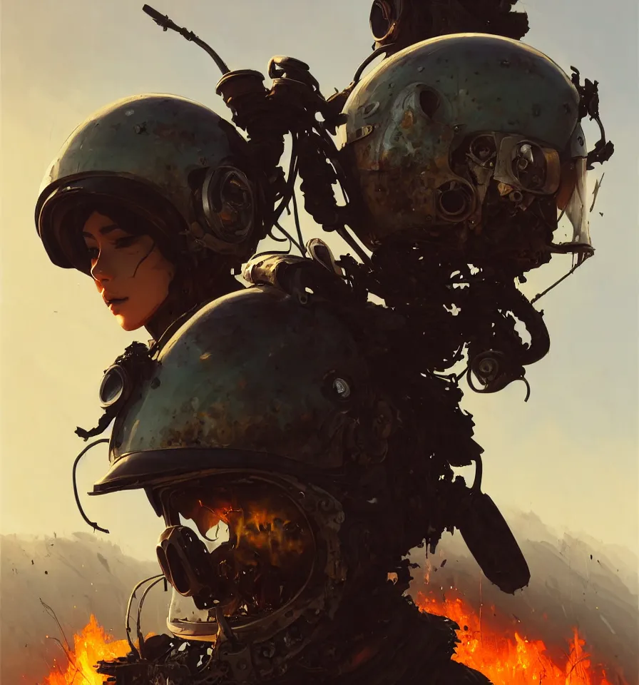 Image similar to a ultradetailed beautiful panting of post apocalyptic biker with helmet in front of crashed airplane burning, by ilya kuvshinov, greg rutkowski and makoto shinkai, trending on artstation