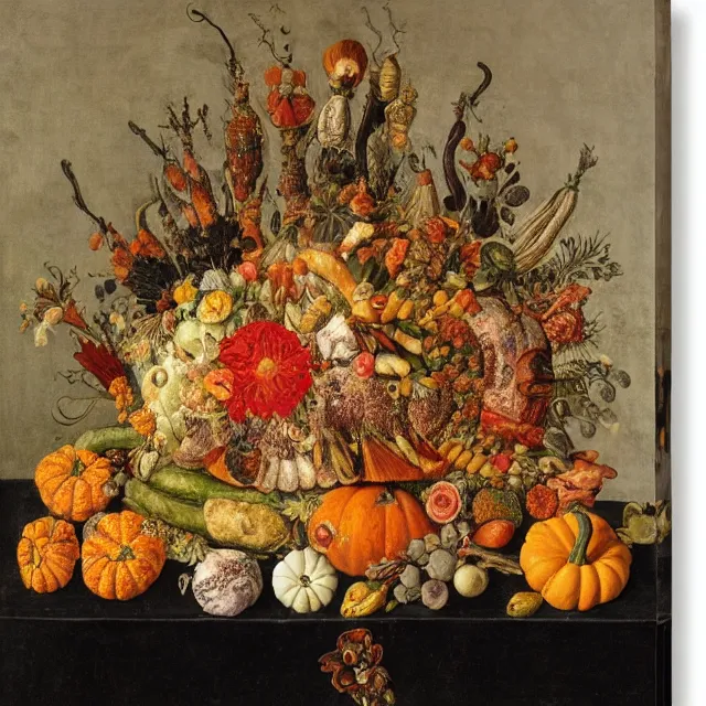 Image similar to victorian thanksgiving feast, flowers and gourds, black background, still life by giuseppe arcimboldo, vanitas, intricate high detail masterpiece