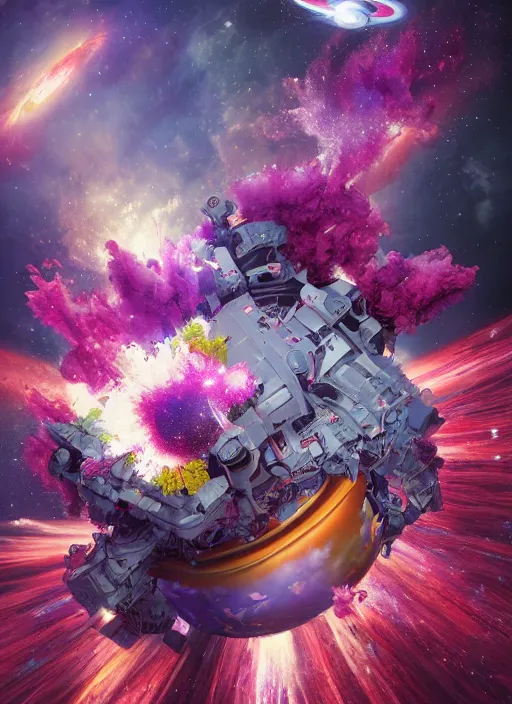 Image similar to An epic fantastic realism comic book style painting of the most beautiful flowers launched into space, bouquets, glorious galactic collision, fisheye lens, unreal 5, DAZ, hyperrealistic, octane render, dynamic lighting