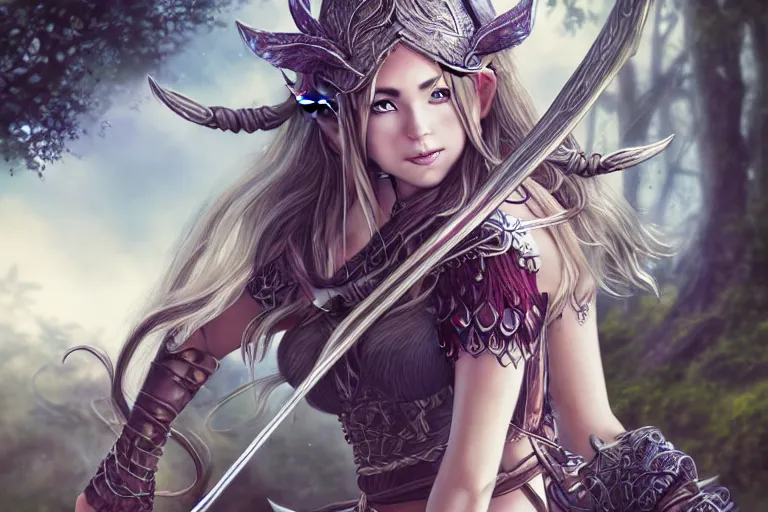 Prompt: elven huntress with a bow, qqrghx, grassland, fancy silver runes, intricate braided hair, plump body, manga panel by kosuke kurose, soft lighting, highly detailed face, cozy atmosphere, sharp focus, artstation, secret of mana, sophie anderson, arnold armitage, loish